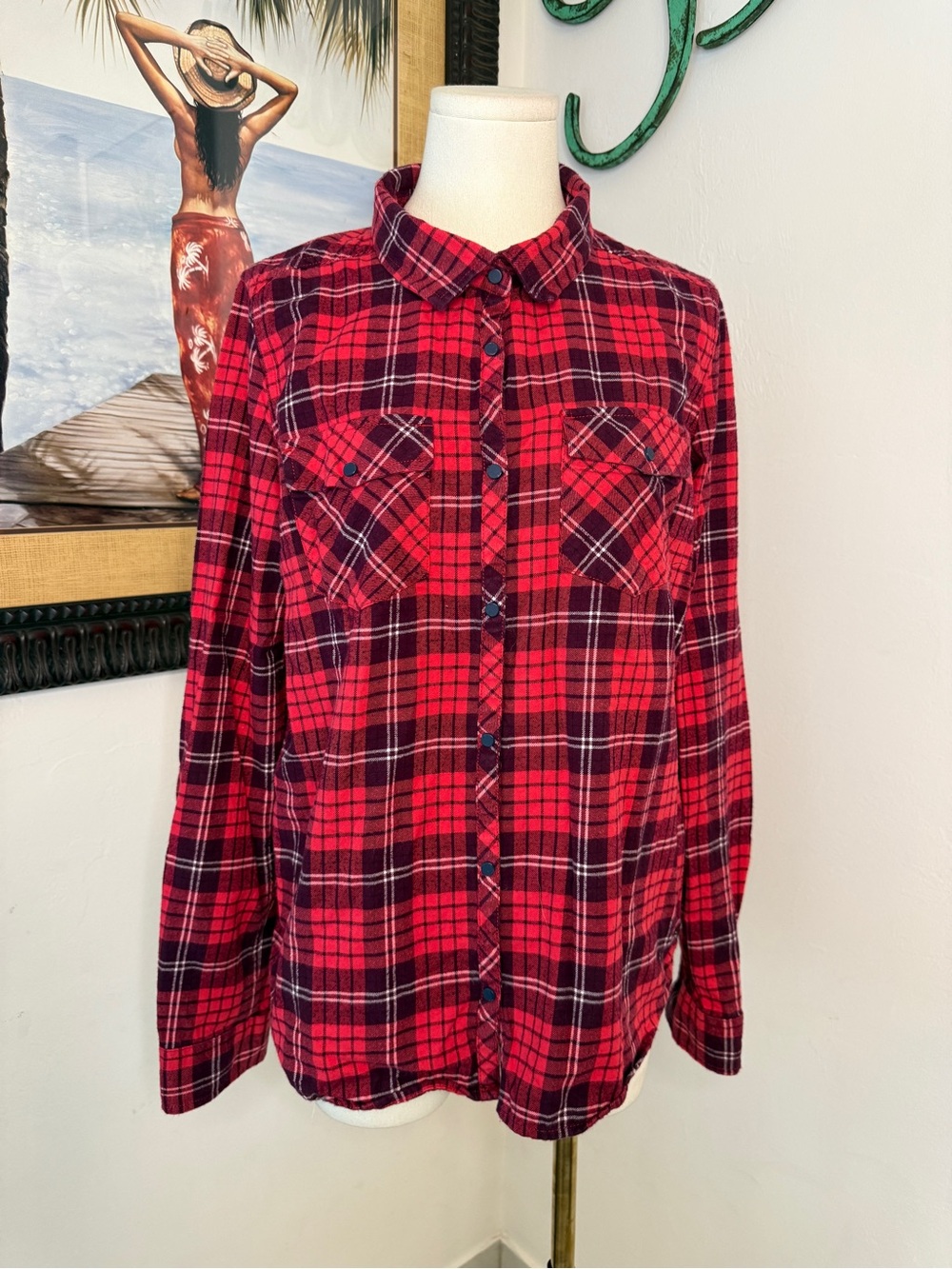 Roxy Red and Purple Plaid Flannel Shirt